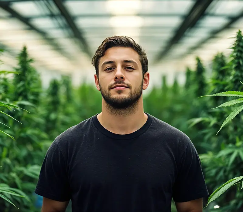 Confident young man standing in a cannabis greenhouse, surrounded by tall green marijuana plants under natural light.
