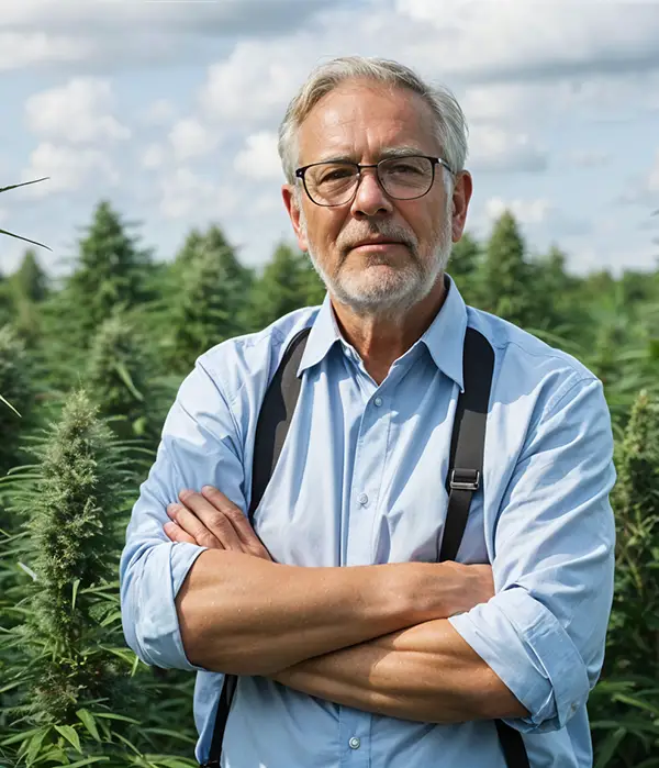 Mature man with glasses and folded arms standing confidently in a lush cannabis field, wearing a light blue shirt and suspenders under a partly cloudy sky.