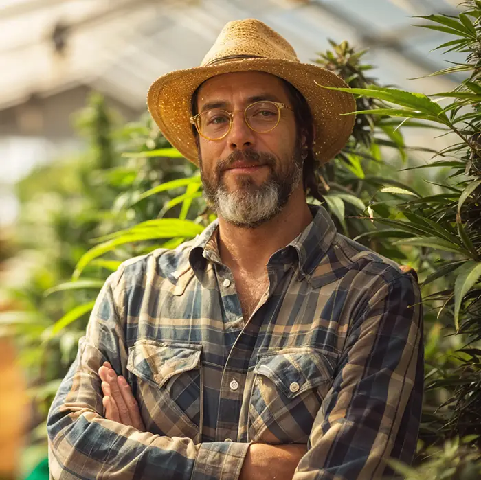 Bearded man in a plaid shirt and straw hat standing with folded arms in a cannabis greenhouse, surrounded by lush green plants under bright natural light.