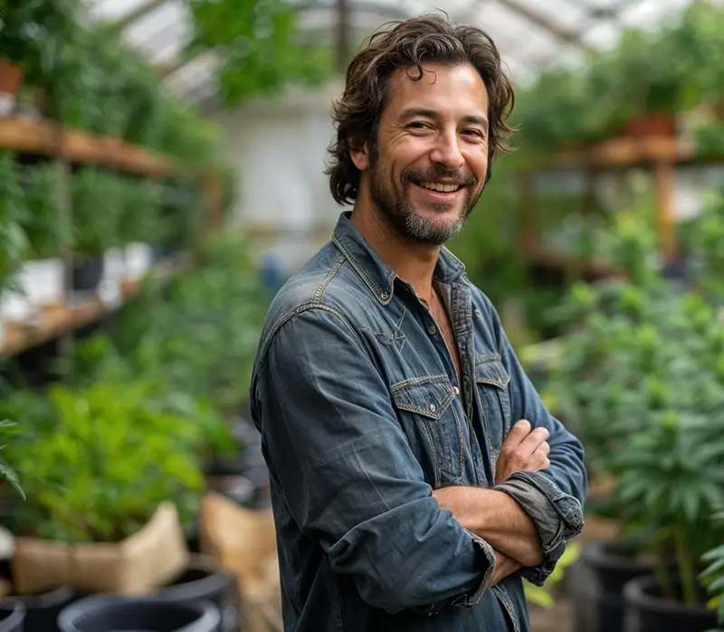 Smiling man in a denim shirt with arms crossed standing in an indoor cannabis greenhouse filled with potted plants, under a softly lit roof.