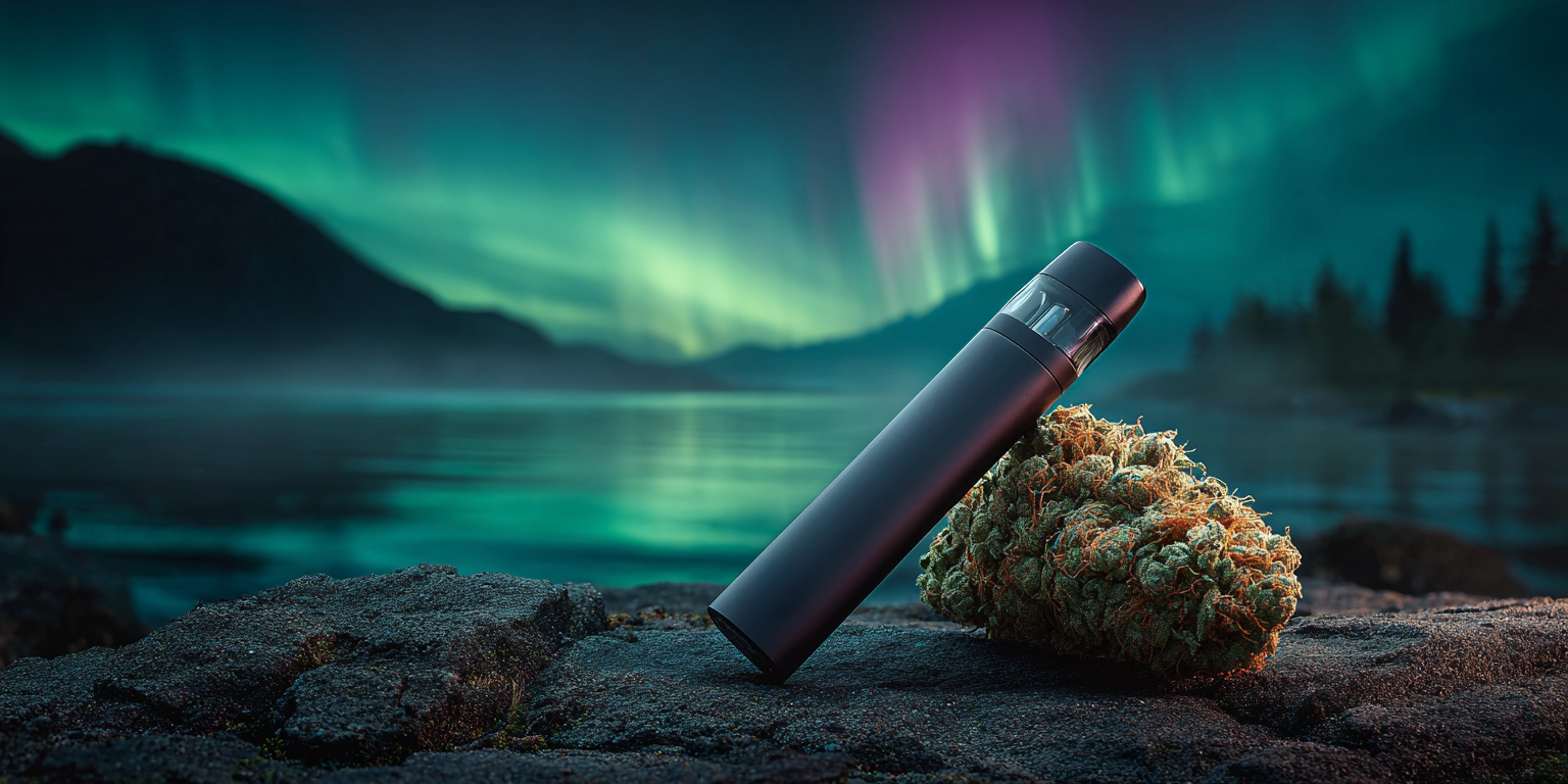 Realistic photo of a smooth, unbranded cannabis vape pen leaning on a frosty weed nug under the northern lights, with no text or engravings.