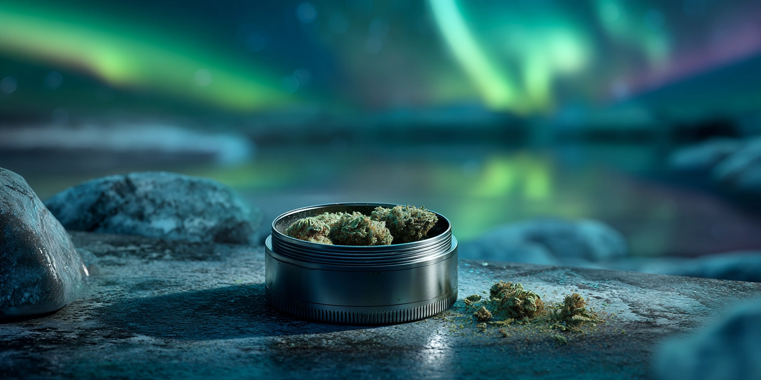 Realistic photo of a cannabis grinder with ground weed inside, placed on a stone surface under vibrant northern lights in a cinematic outdoor setting.