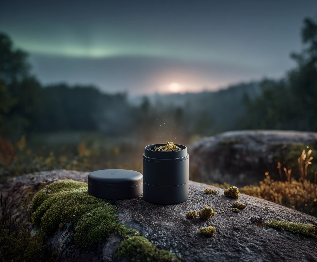 Realistic photo of an open black cannabis grinder on a mossy rock with a soft twilight forest background.