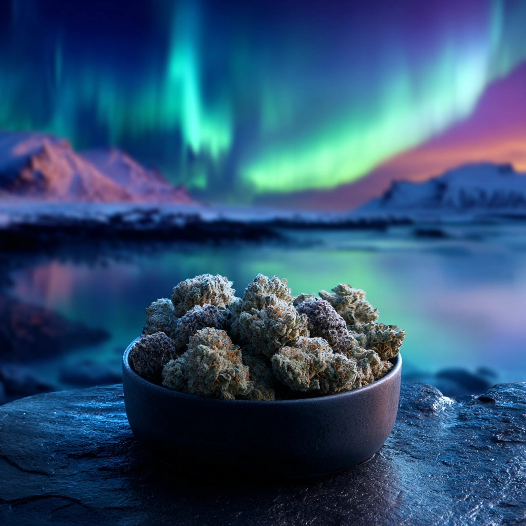 Photorealistic image of a bowl filled with cannabis nugs under the northern lights on a dark rock in a peaceful outdoor setting.