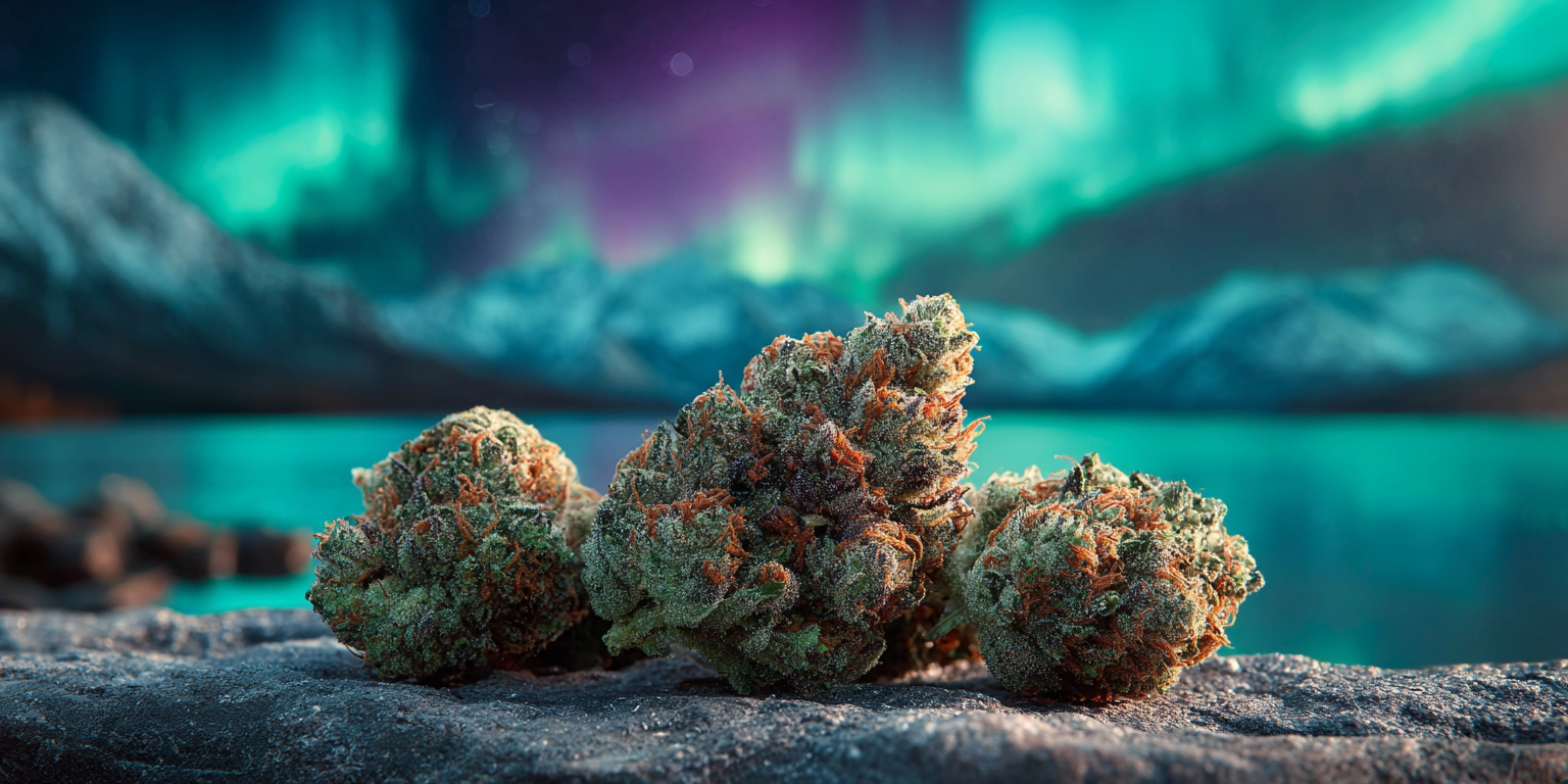 Close-up of frosty cannabis nugs on a stone surface beneath a glowing northern lights sky with teal and purple tones, cinematic and surreal atmosphere.