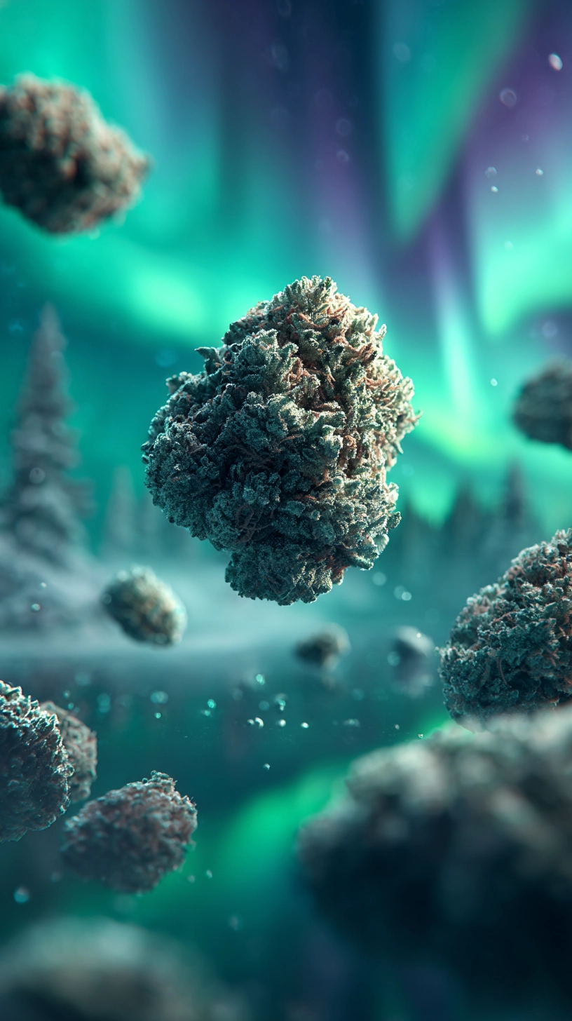Realistic photo of one central cannabis nug floating forward with other frosty nugs in various sizes around it, under northern lights.