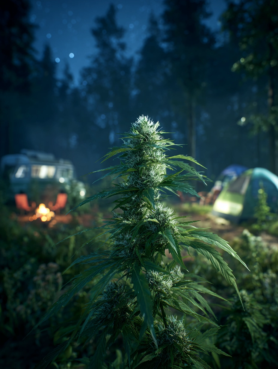 Realistic photo of a cannabis plant in focus at a summer campground with softly blurred people relaxing by a campfire and faint Northern Lights in the background.