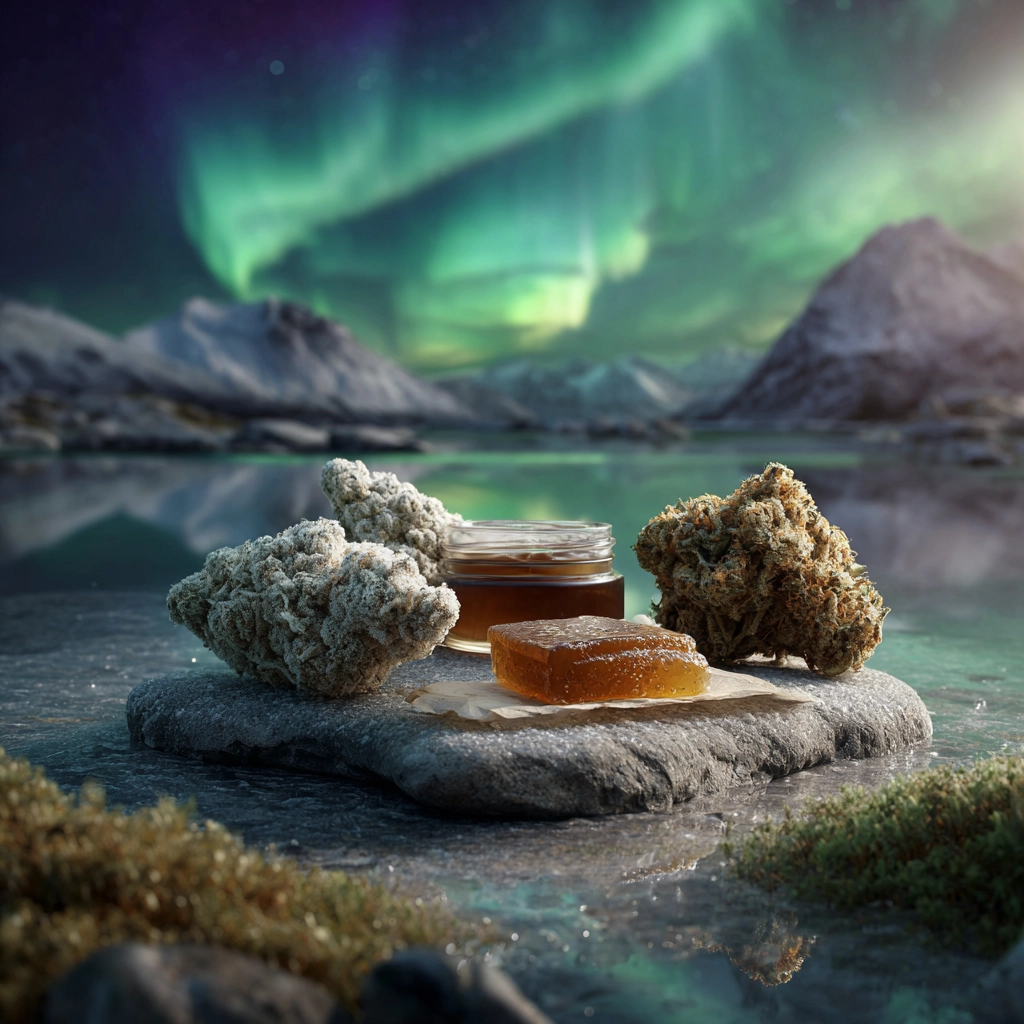 Realistic cannabis flower, concentrate, and topical jar on a frost-covered rock under northern lights in an arctic landscape.