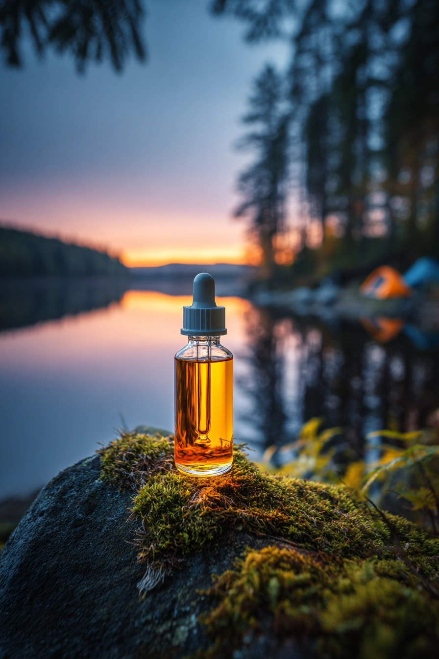 A glass vial of cannabis oil on a mossy rock at dusk with a faint northern lights glow and a blurred outdoor camping background.